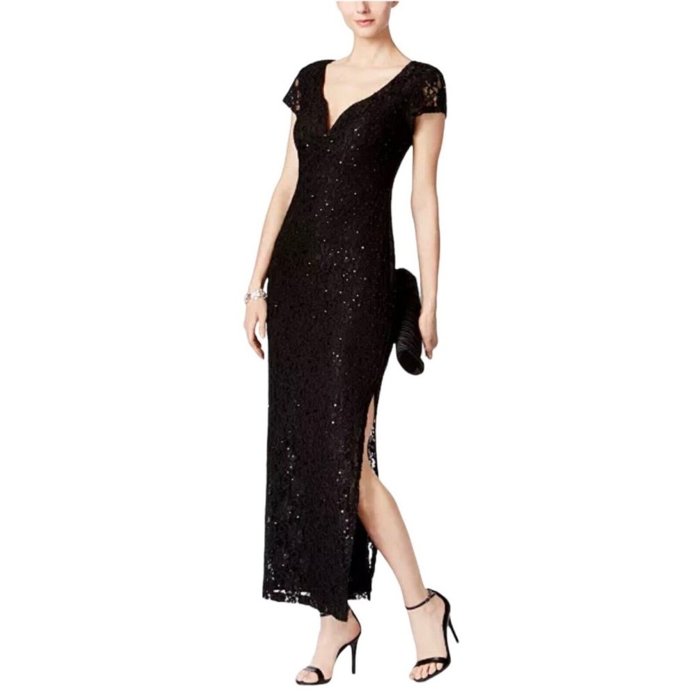 NWT Connected Apparel Womens Size 4P Black Lace Sequin Formal Evening Dress Gown